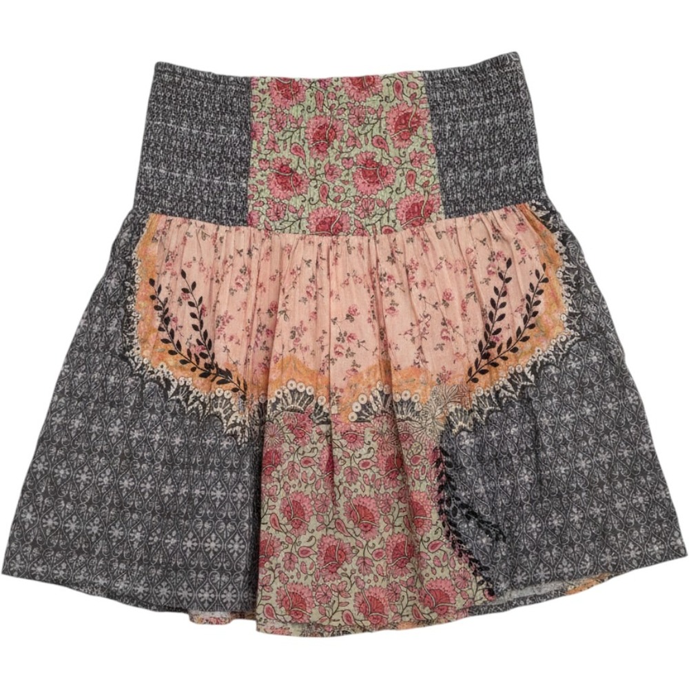 Natural Life Skirt Womens Medium Pink Floral Patchwork Smocked Cotton Boho Mini